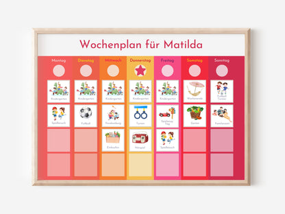 Magnetboard Wochenplan "Sonnenaufgang" personalisiert für Kinder und Teenager, 246 Routine Karten, Neodym-Magnete, Montessori Routineplan