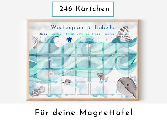 Magnetboard Wochenplan "Auf dem Meer" personalisiert für Kinder, 246 Routine Karten 40-100 Magnete, Montessori Routineplan Familie Nordstern