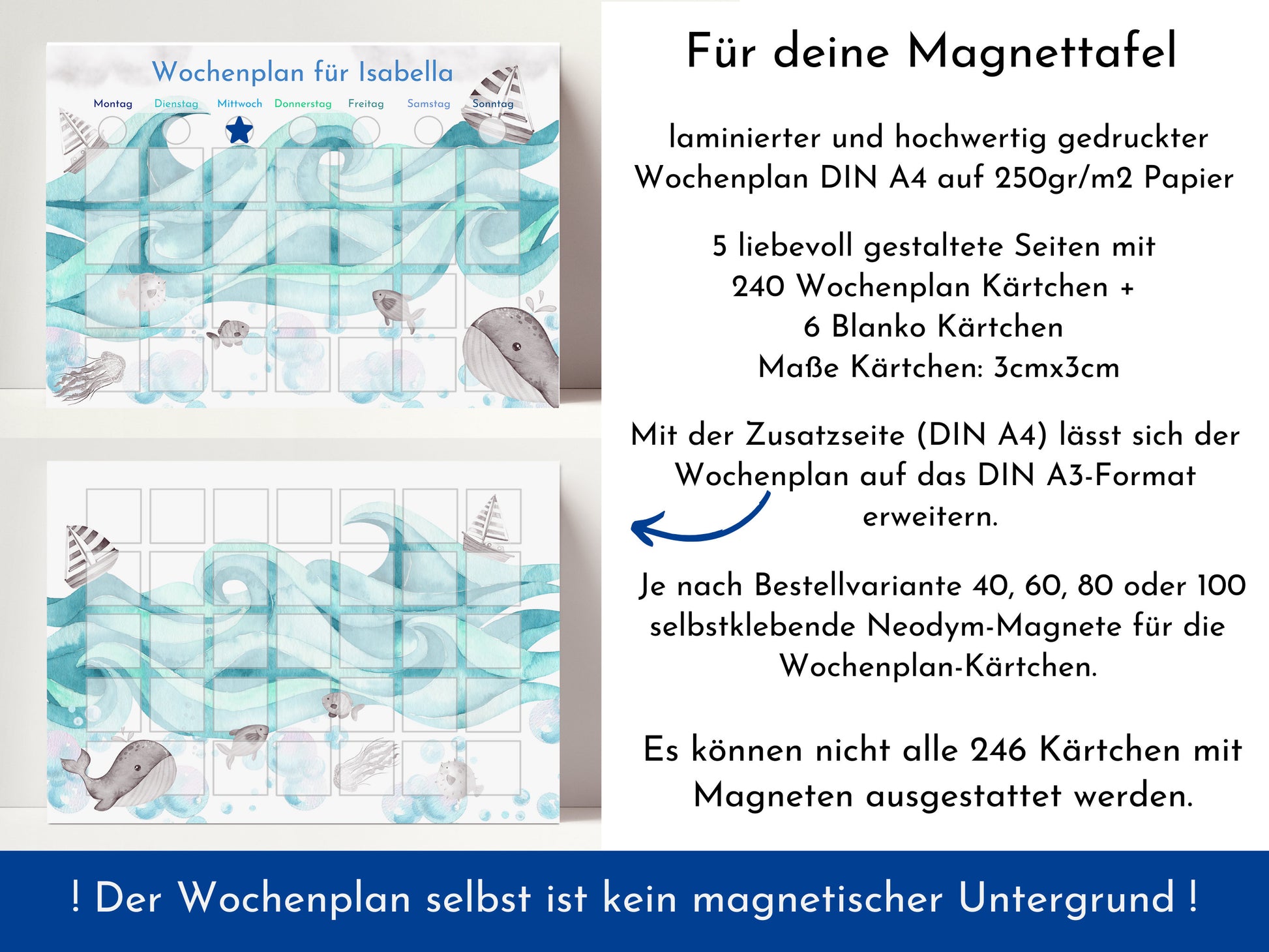 Magnetboard Wochenplan "Auf dem Meer" personalisiert für Kinder, 246 Routine Karten 40-100 Magnete, Montessori Routineplan Familie Nordstern