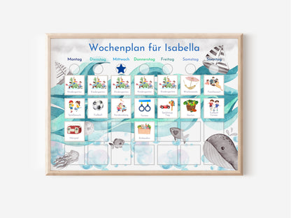 Magnetboard Wochenplan "Auf dem Meer" personalisiert für Kinder, 246 Routine Karten 40-100 Magnete, Montessori Routineplan Familie Nordstern