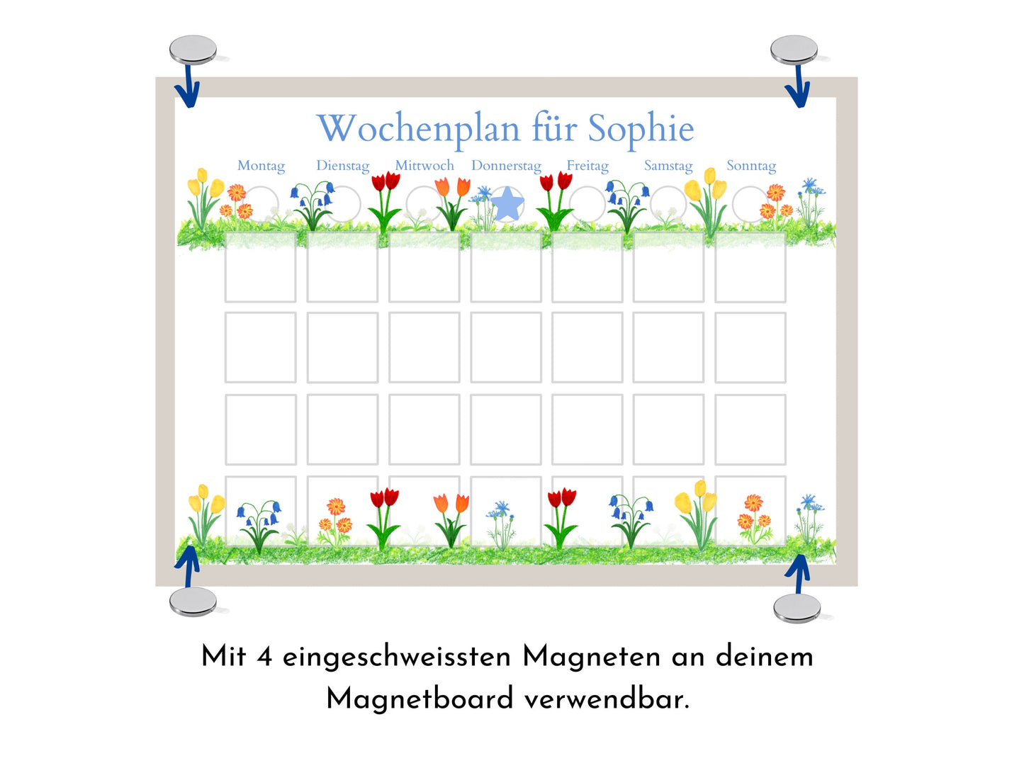 Wochenplan "Frühlingsblumen" mit Name personalisiert, 246 Routine Karten, laminiert magnetisch Klett, Routineplan für Kinder und Jugendliche