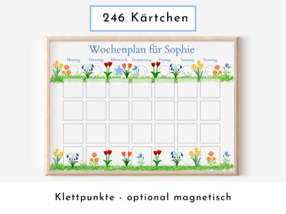 Wochenplan "Frühlingsblumen" mit Name personalisiert, 246 Routine Karten, laminiert magnetisch Klett, Routineplan für Kinder und Jugendliche