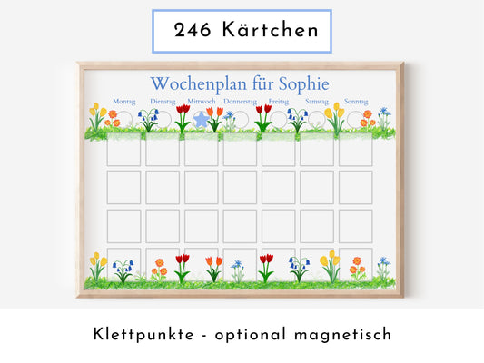 Wochenplan "Frühlingsblumen" mit Name personalisiert, 246 Routine Karten, laminiert magnetisch Klett, Routineplan für Kinder und Jugendliche