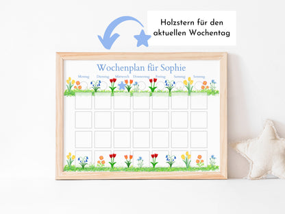 Wochenplan "Frühlingsblumen" mit Name personalisiert, 246 Routine Karten, laminiert magnetisch Klett, Routineplan für Kinder und Jugendliche