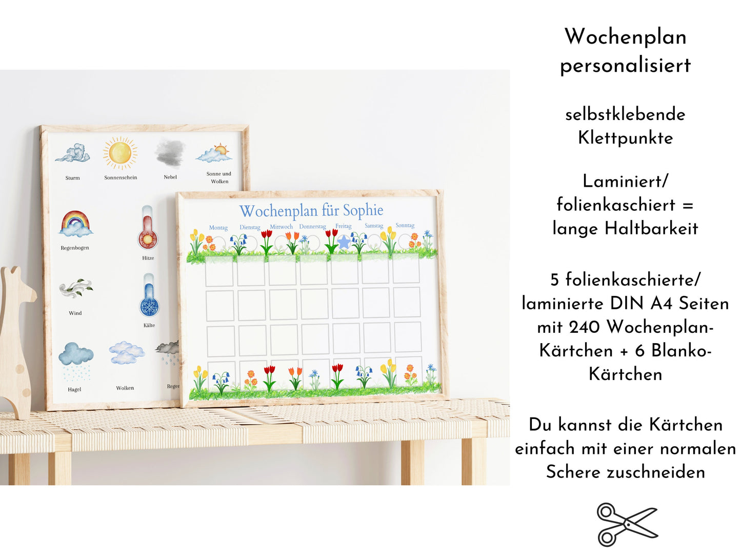 Wochenplan "Frühlingsblumen" mit Name personalisiert, 246 Routine Karten, laminiert magnetisch Klett, Routineplan für Kinder und Jugendliche