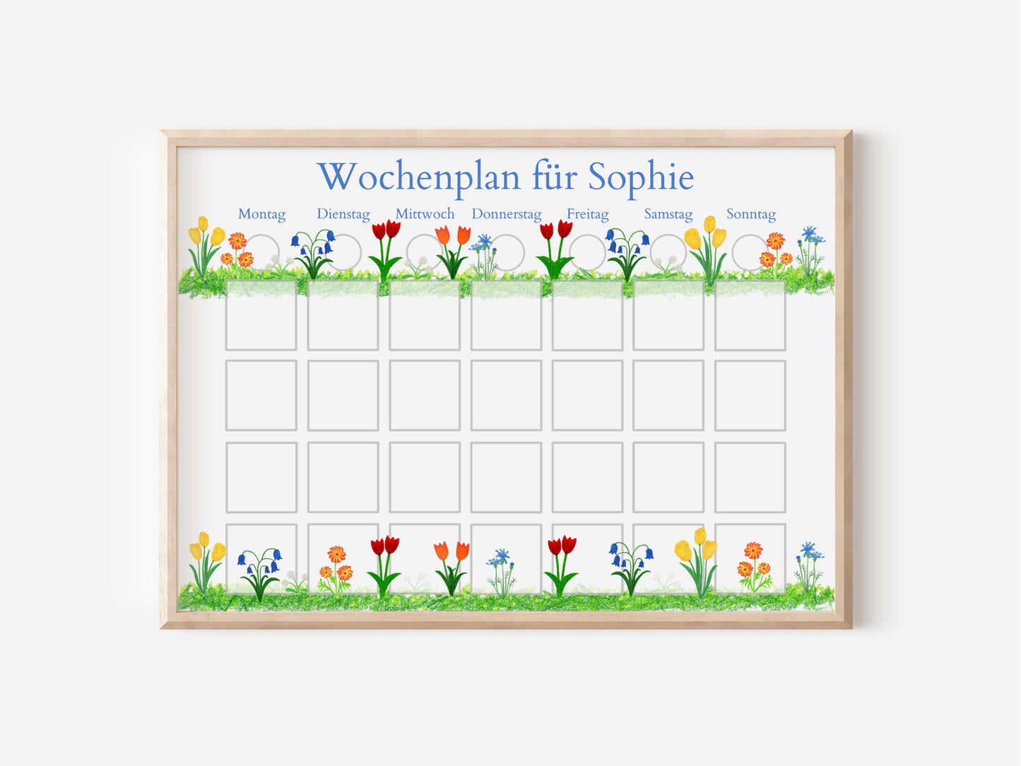 Wochenplan "Frühlingsblumen" mit Name personalisiert, 246 Routine Karten, laminiert magnetisch Klett, Routineplan für Kinder und Jugendliche