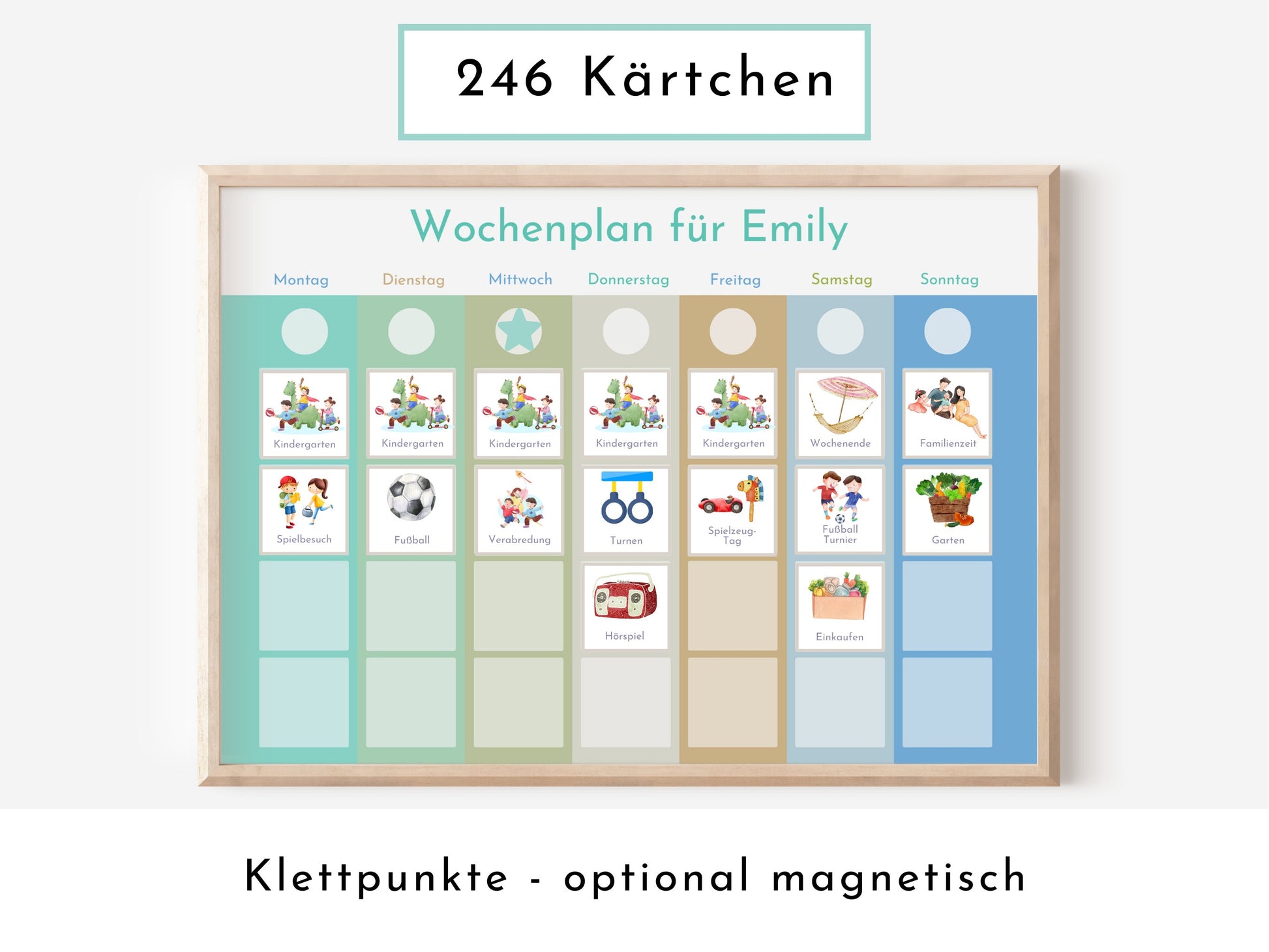 Personalisierter Wochenplan "Morgentau" für Kinder und Jugendliche, 246 Routine Karten, laminiert magnetisch Klett, Montessori Routineplan