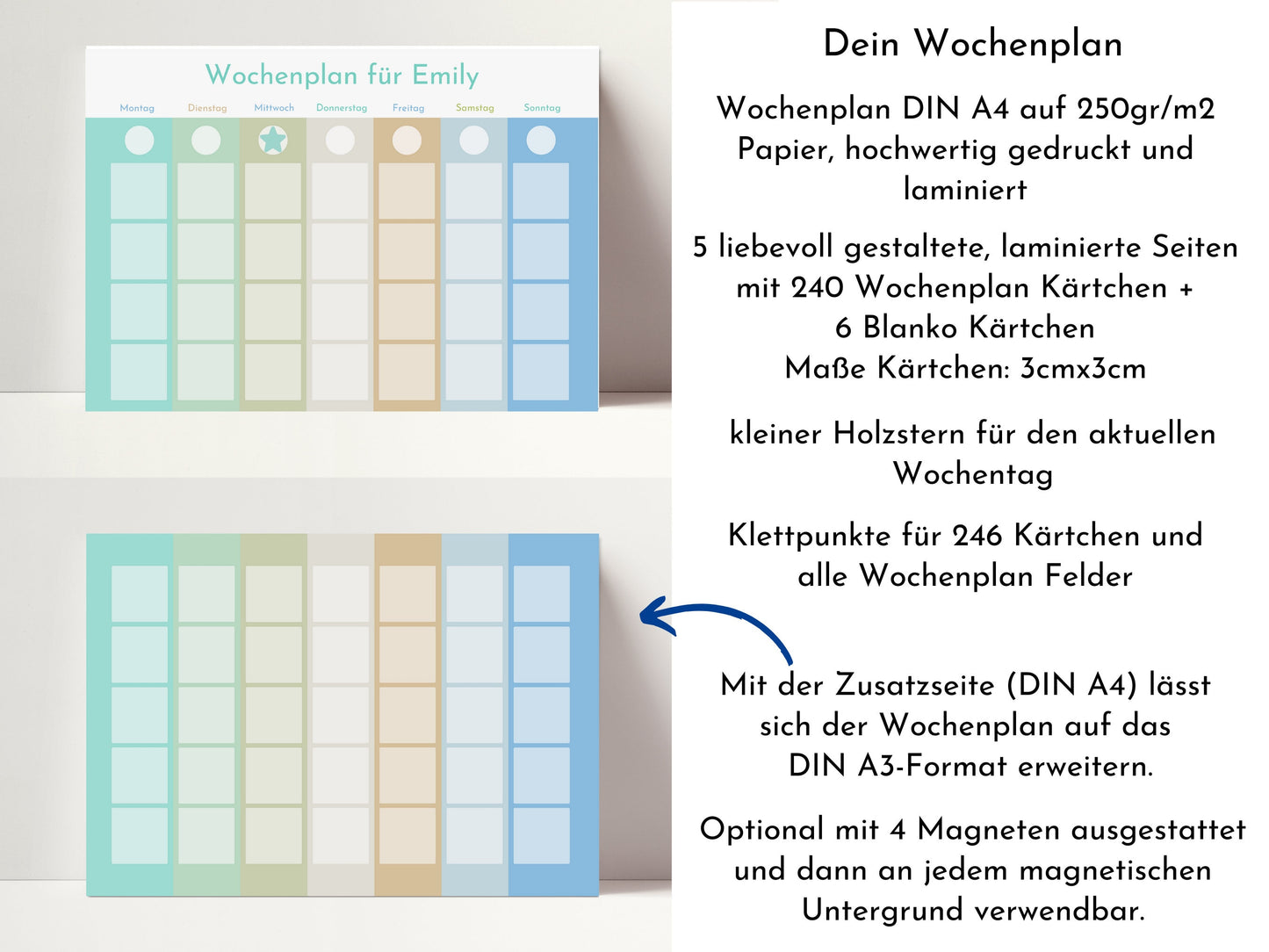 Personalisierter Wochenplan "Morgentau" für Kinder und Jugendliche, 246 Routine Karten, laminiert magnetisch Klett, Montessori Routineplan